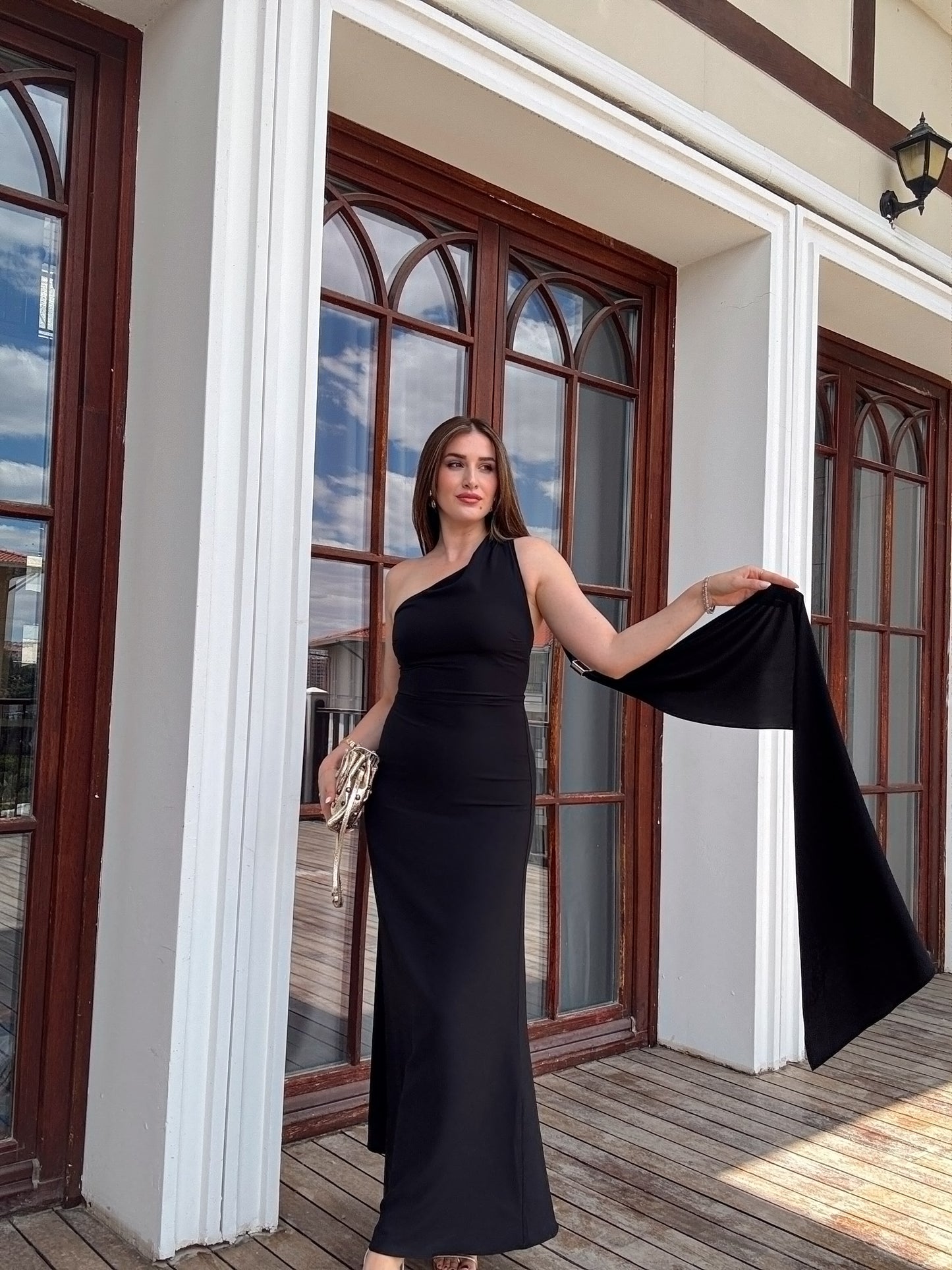 Şal Omuz Detaylı Elbise Siyah