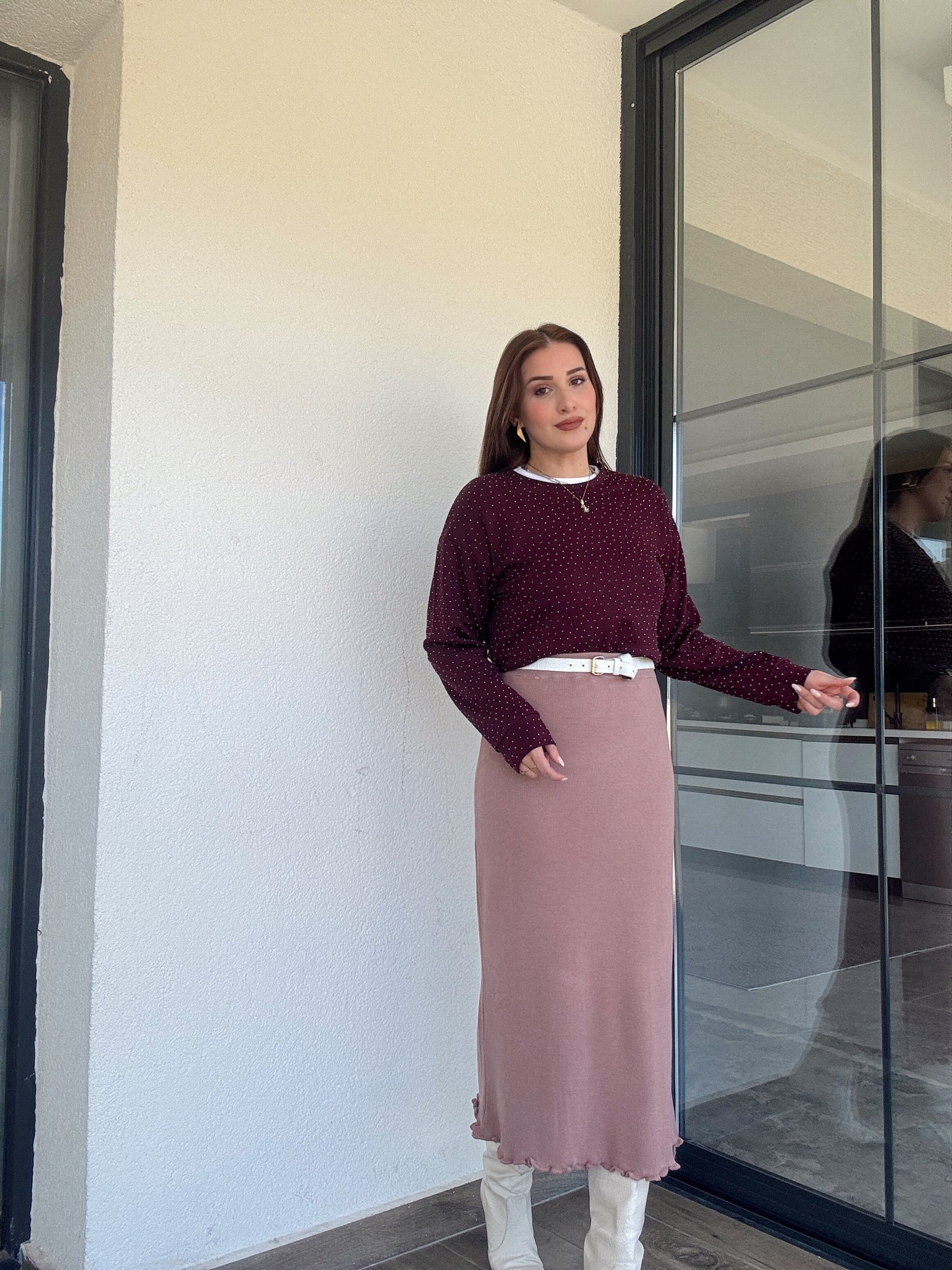 Volanlı Triko Etek - PUDRA