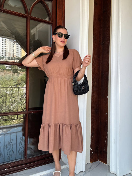 Ön Arka V Yaka Keten Elbise - CAMEL