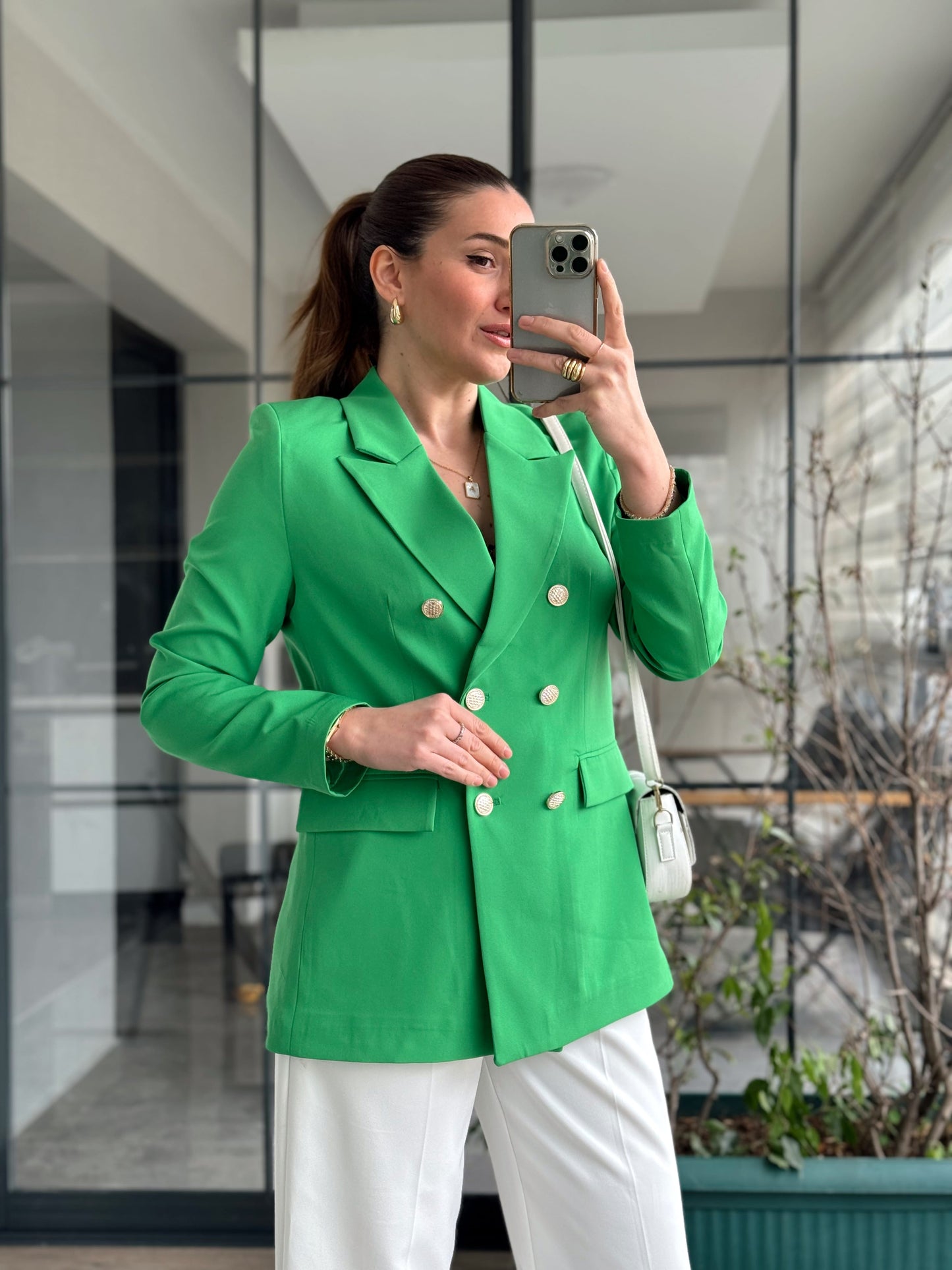 Gold Düğme Blazer Ceket - YEŞİL