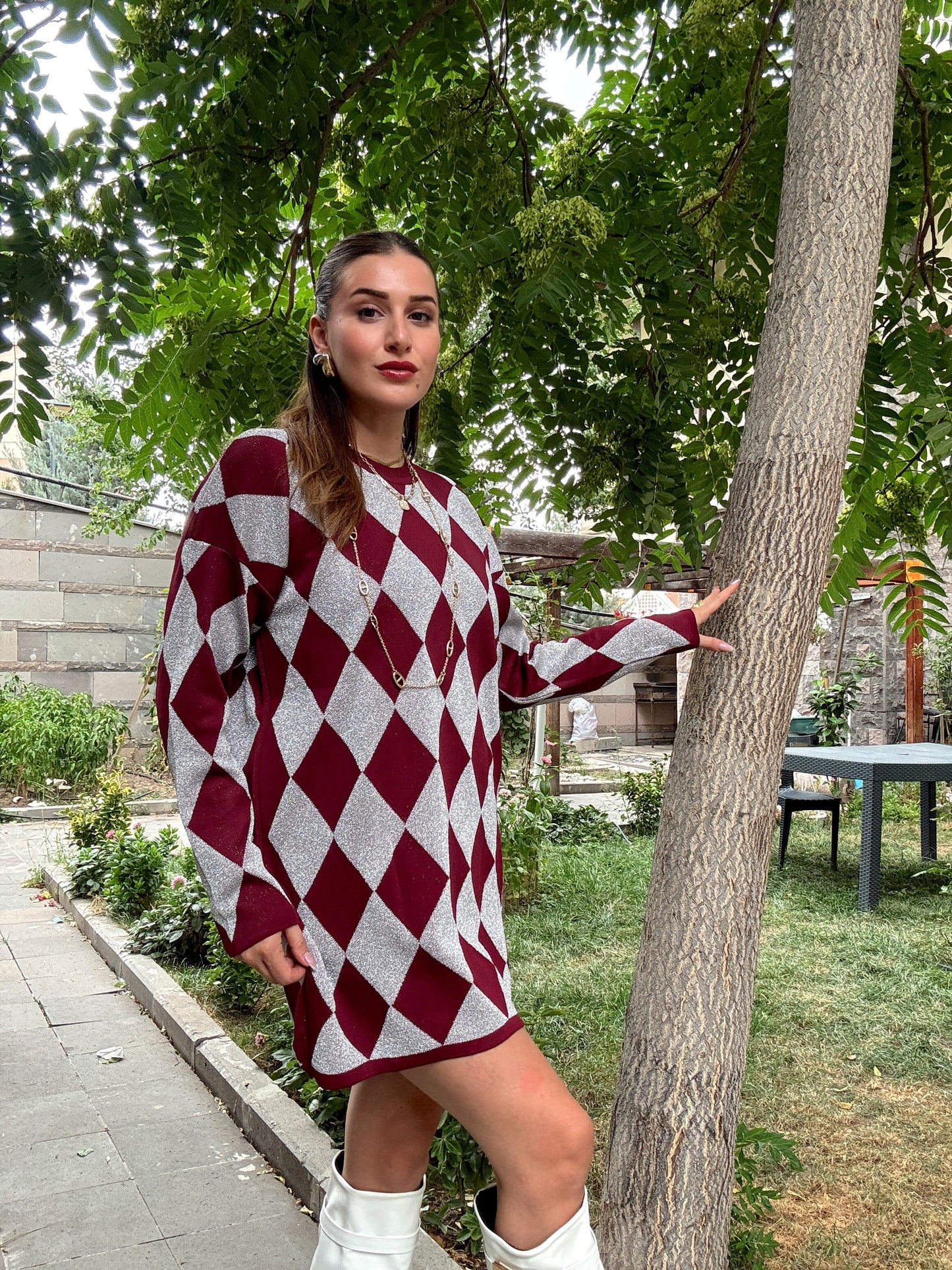 Simli Baklava Desen Tunik-BORDO