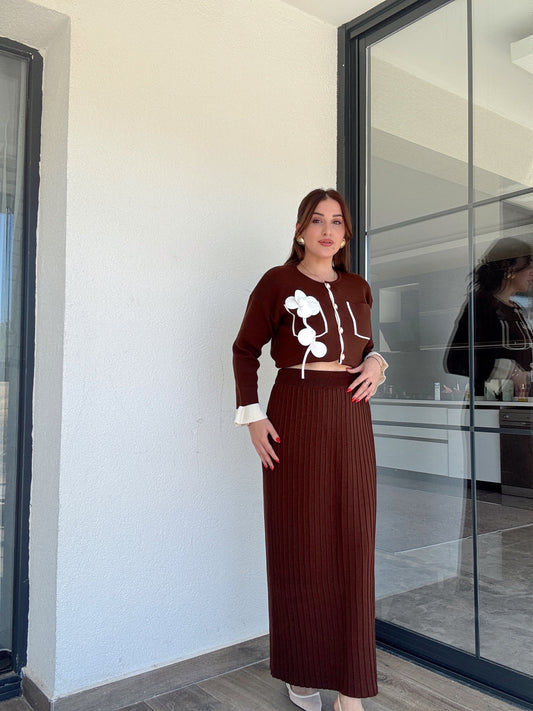Florya etekli ikili triko takım KAHVERENGİ