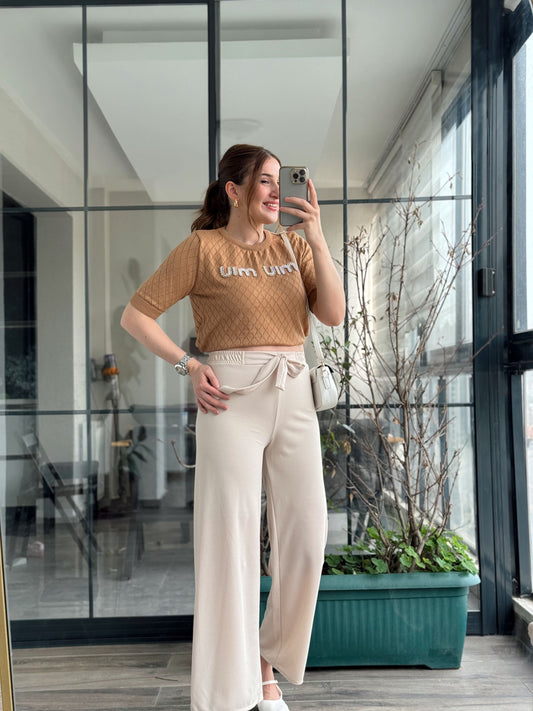 Kuşaklı Crep Kumaş Palazzo Pantolon-BEJ