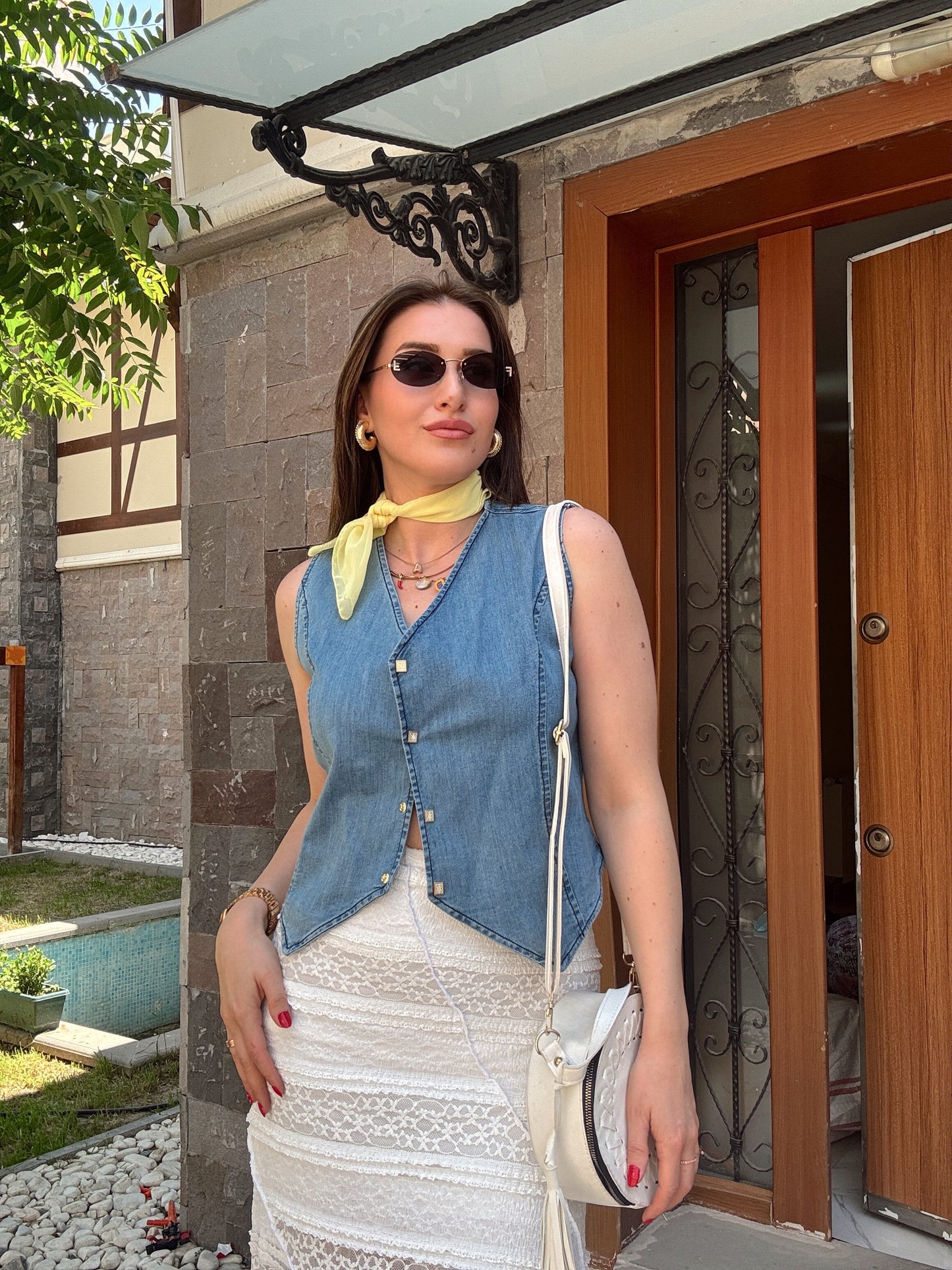 Düğme detaylı stone kot yelek-AÇIK MAVİ