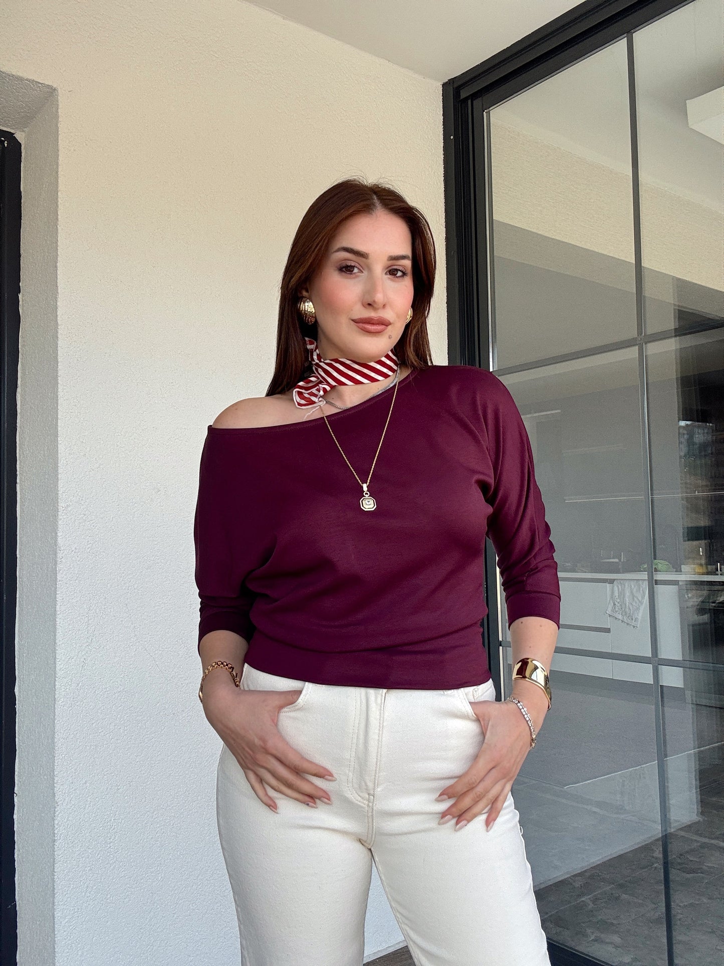 Kayık yaka modal bluz Bordo