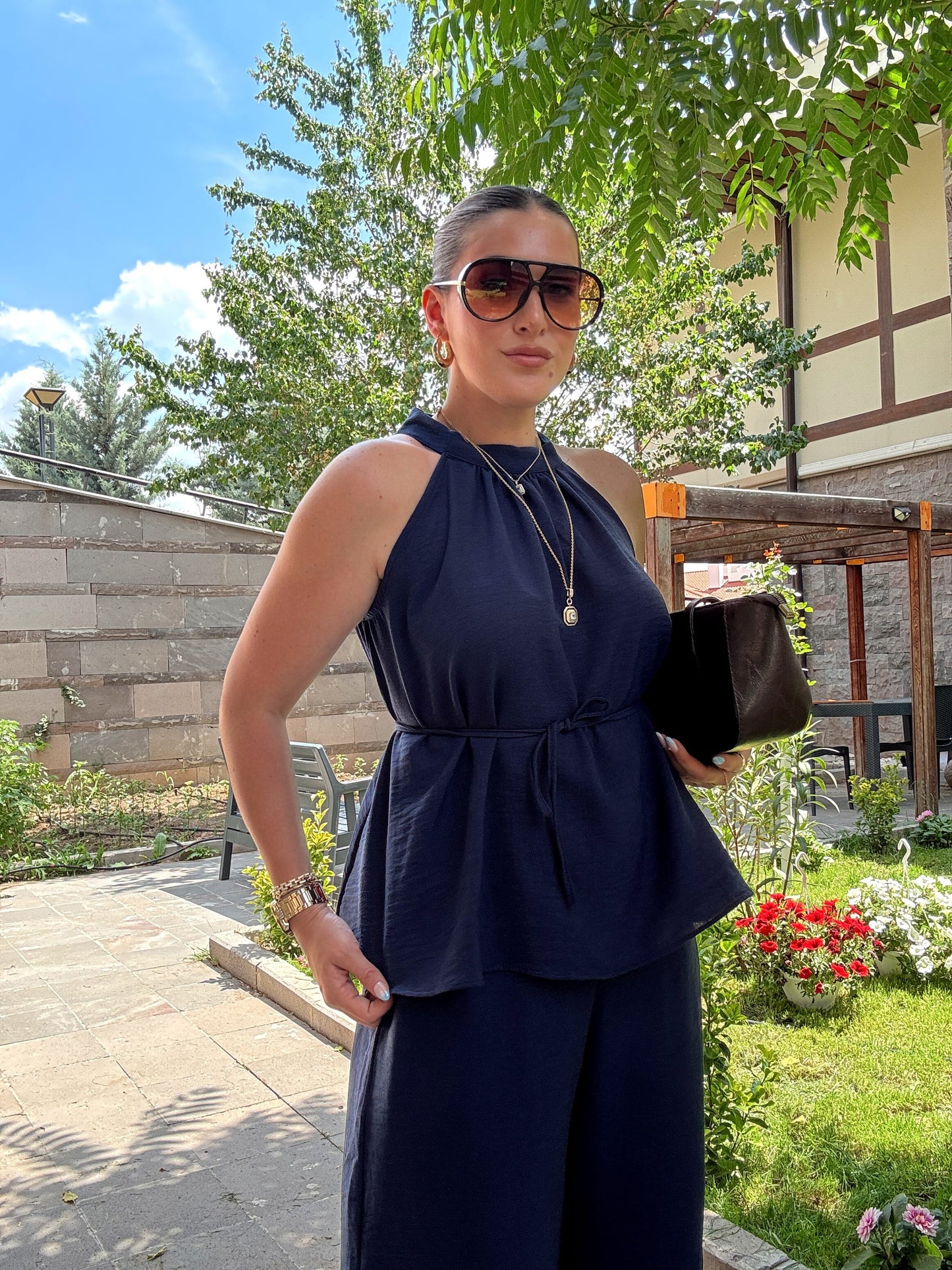 Boyun detaylı keten takım Lacivert