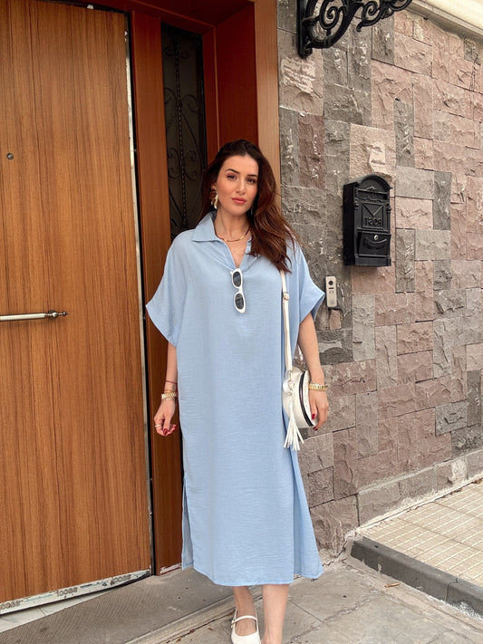 Yırtmaçlı Polo Yaka Elbise - BEBE MAVİ