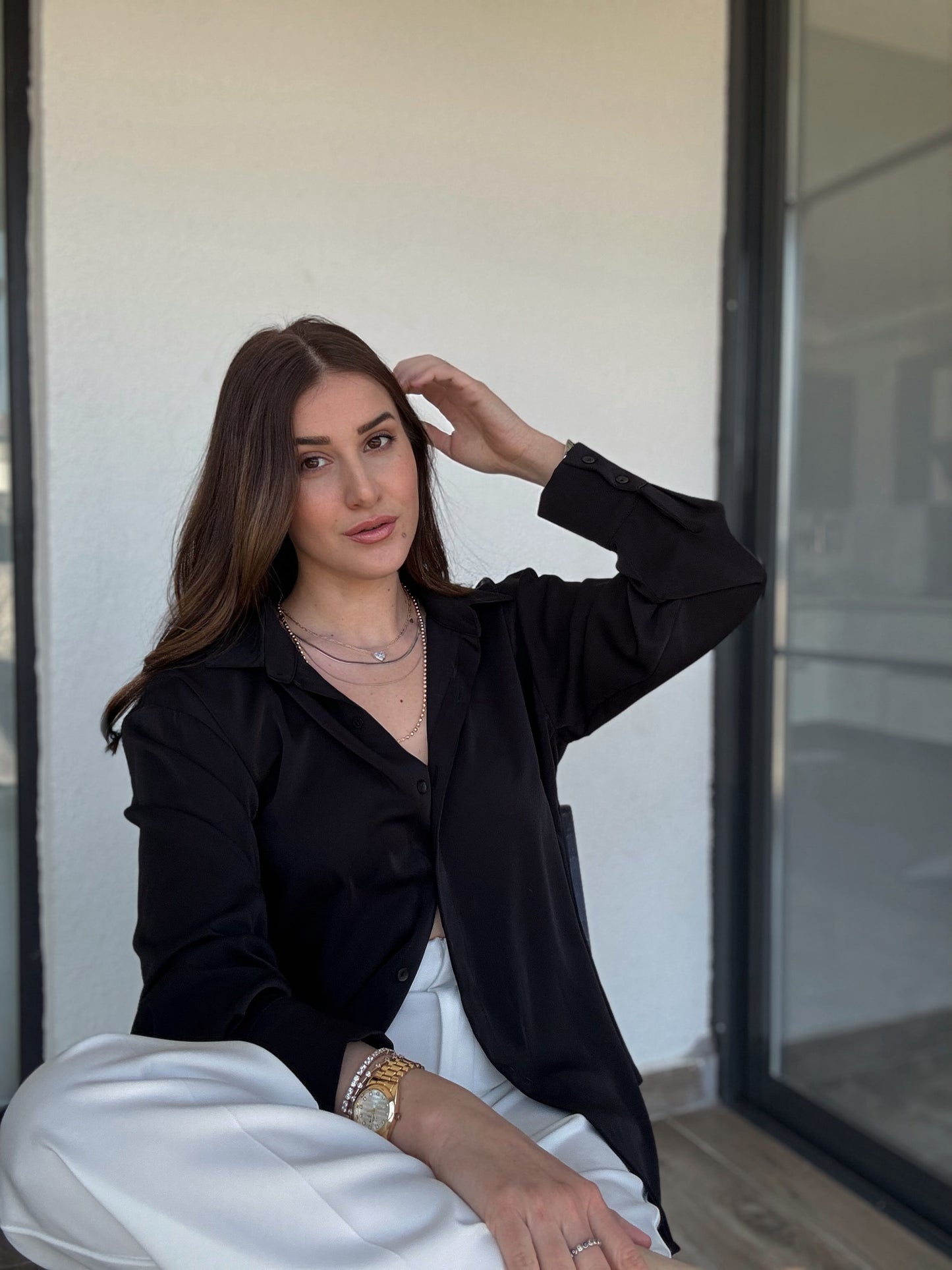 Gizli Patlı Pamuk Saten Gömlek - SİYAH