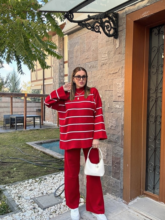 Çizgili Yarım Balıkçı Pantolonlu Takım KIRMIZI