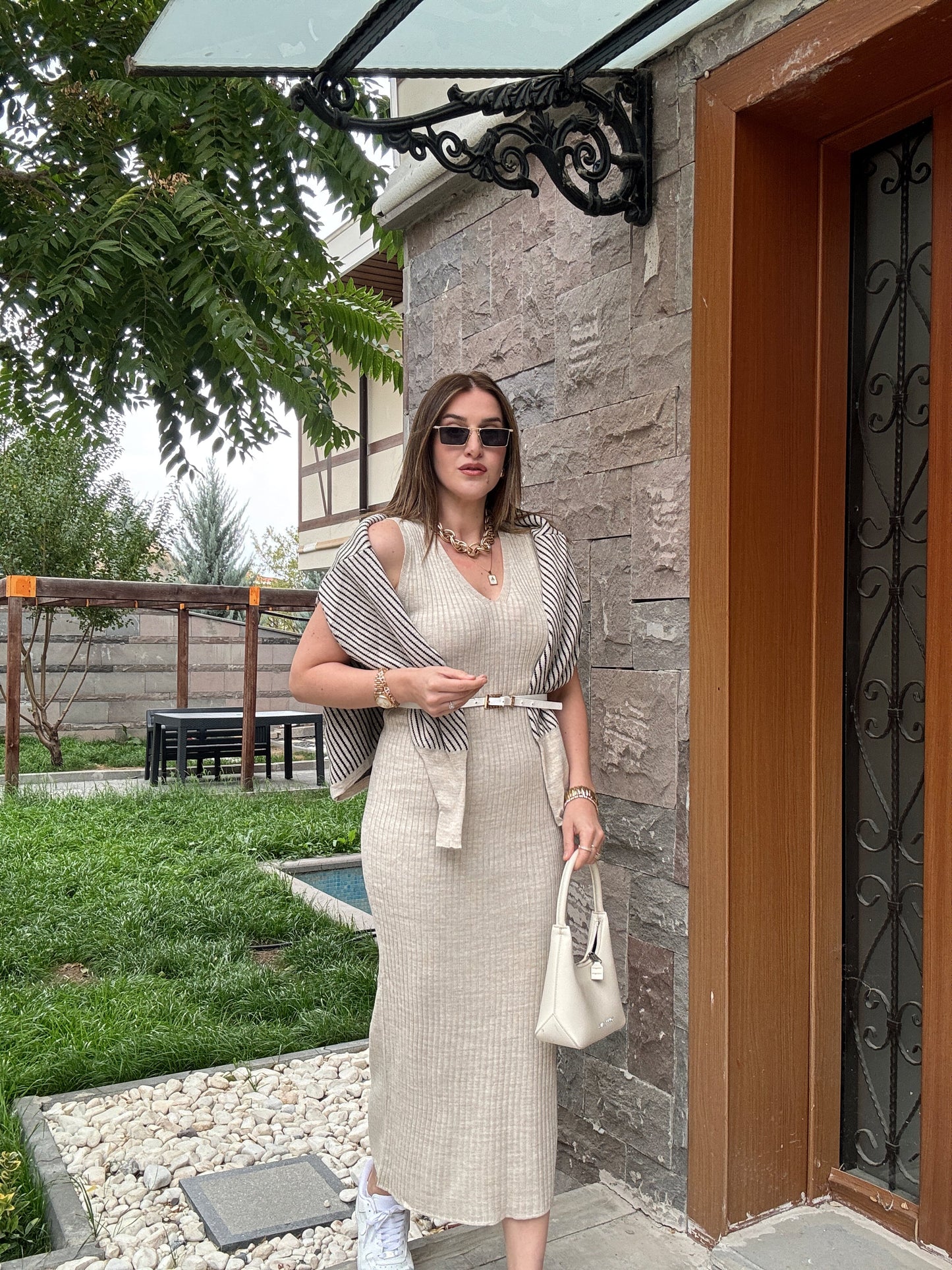 Yatay Çizgili Pikeli Jileli Takım - LATTE