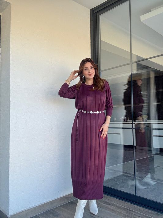 Şerit detaylı uzun triko elbise MÜRDÜM