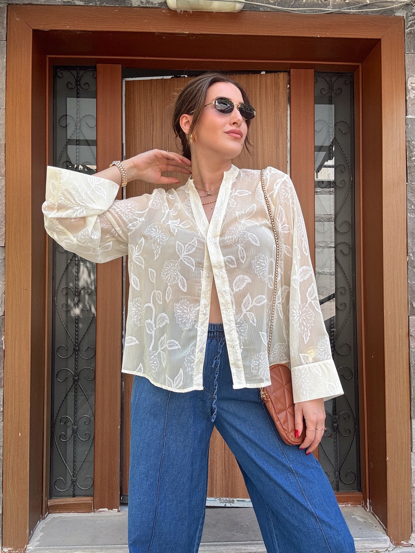 Yaprak detaylı transparan gömlek SARI
