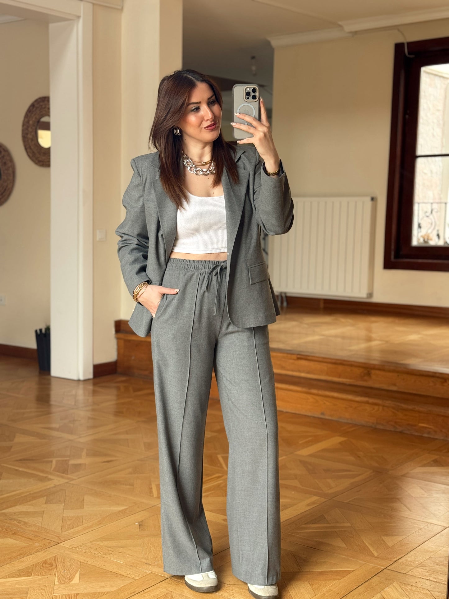 Arkası Düğme Detaylı Çizgili Takım-ANTRASİT