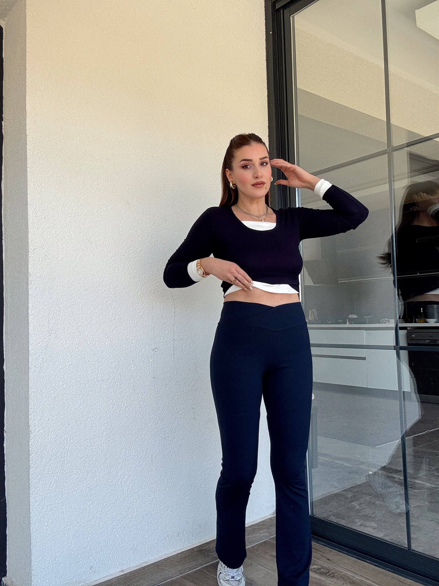 Mia ribanalı çapraz kemer ispanyol paça tayt-LACİVERT