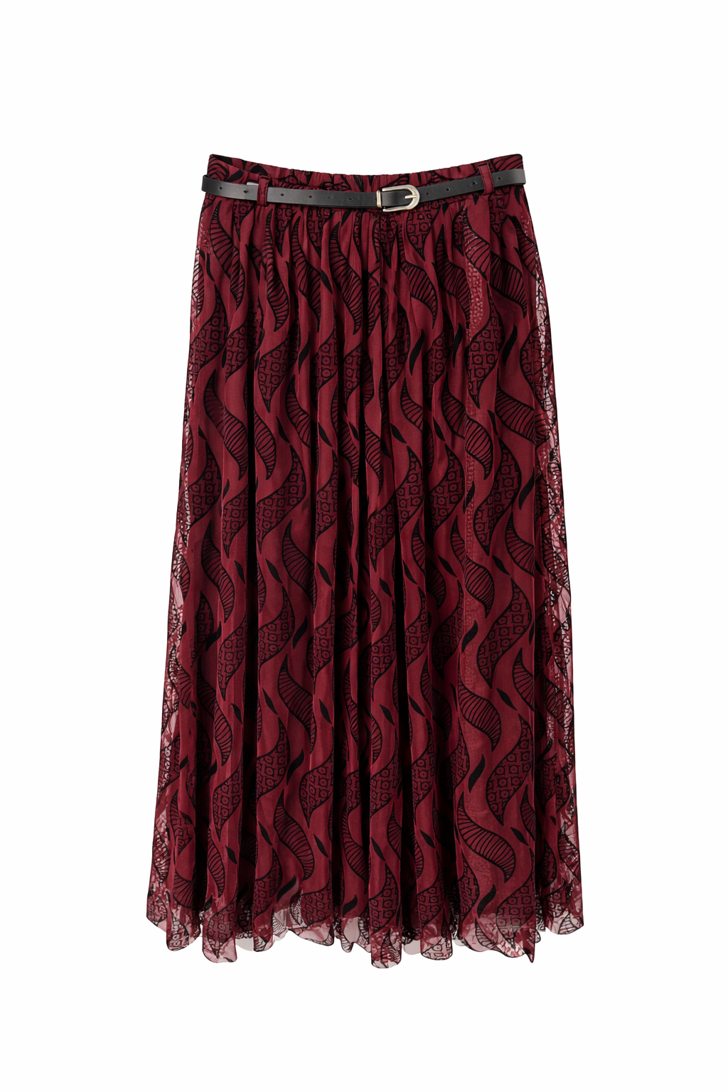 Kemerli Astarlı Şifon Etek Bordo