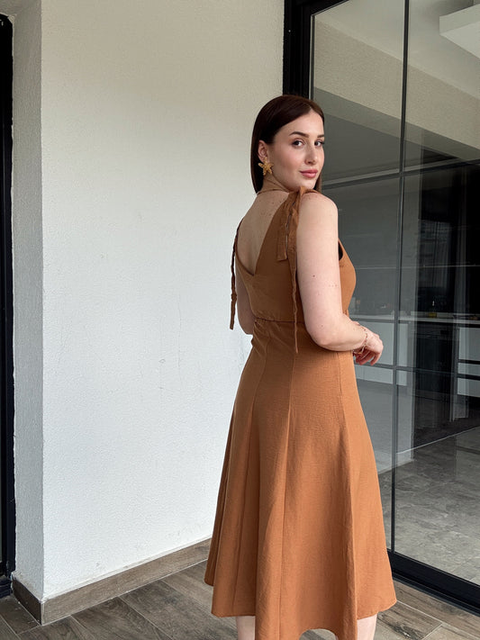 Omuz bağlama detay viskon elbise TABA