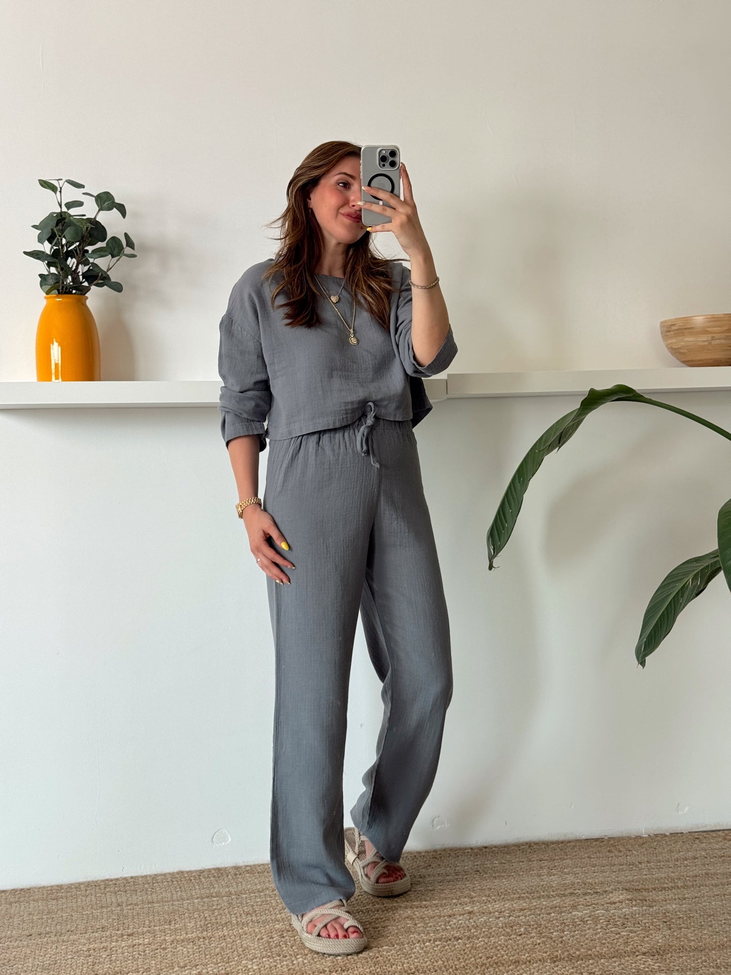 Keten uzun kol crop pantolon ikili takım GRİ