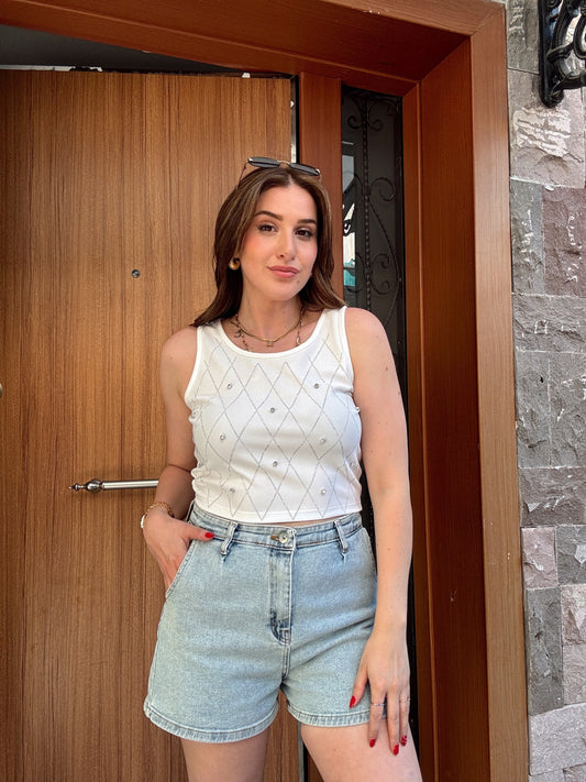 Taşlı Crop Bluz Beyaz