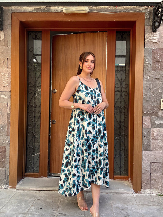 Ayarlanabilir ip askılı leopar desenli elbise MAVİ