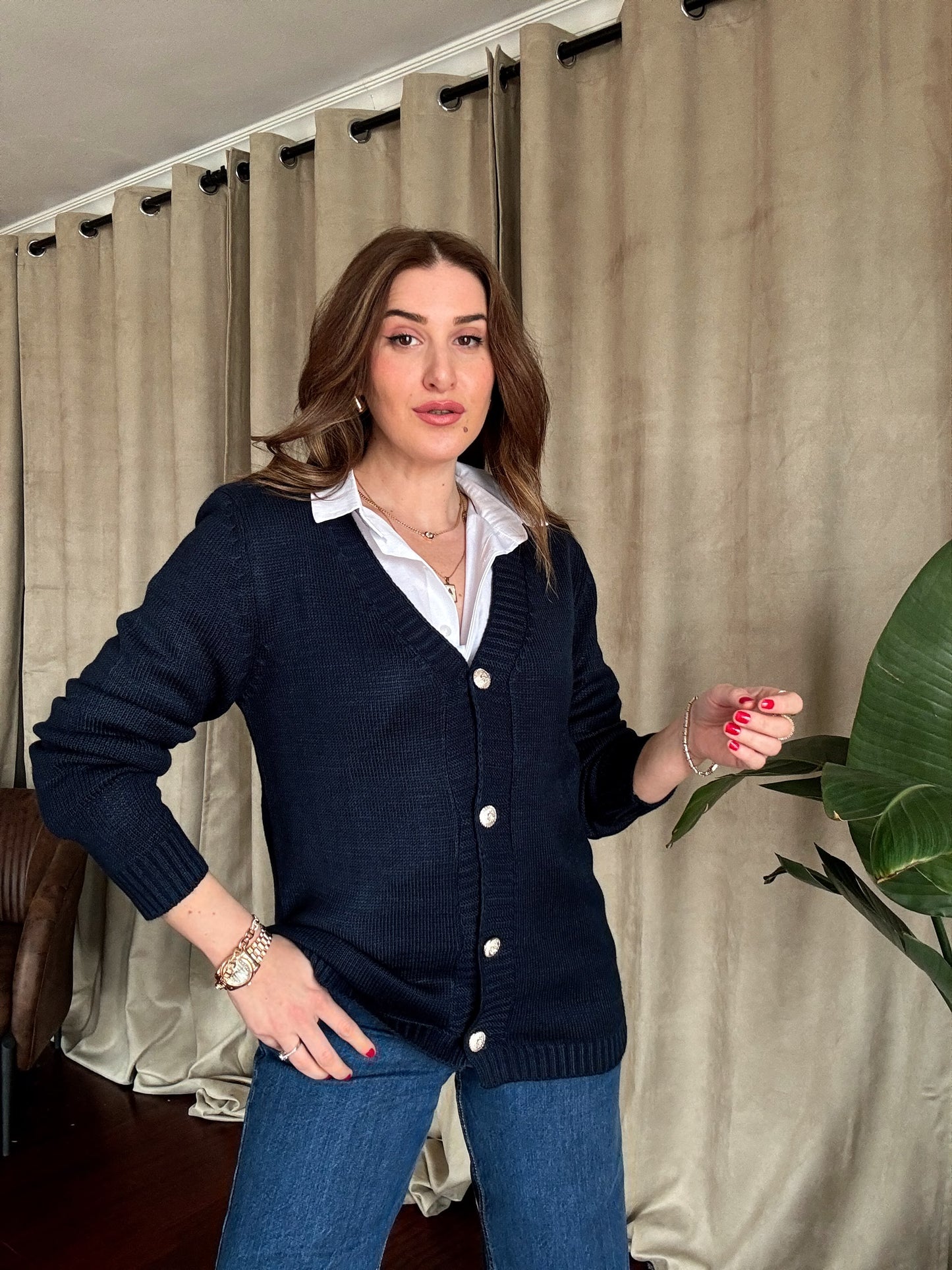 Gümüş Düğme Detaylı Triko Hırka-LACİVERT