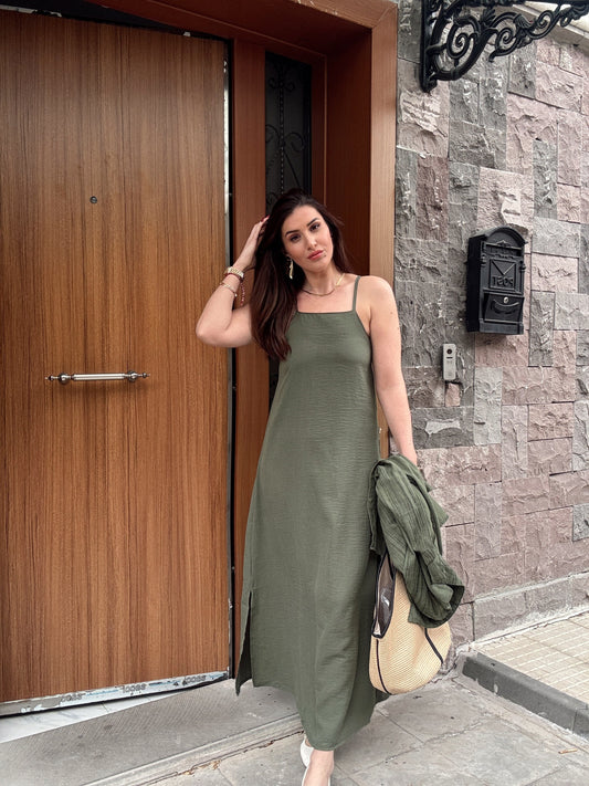 Ayarlanabilir ince askılı keten elbise HAKİ
