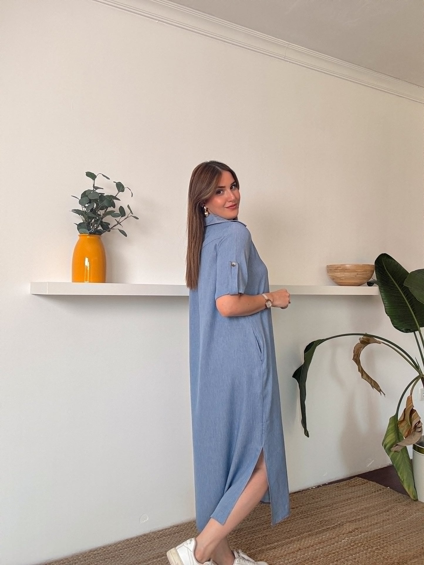 Polo yaka tensel kumaş elbise Açık Mavi
