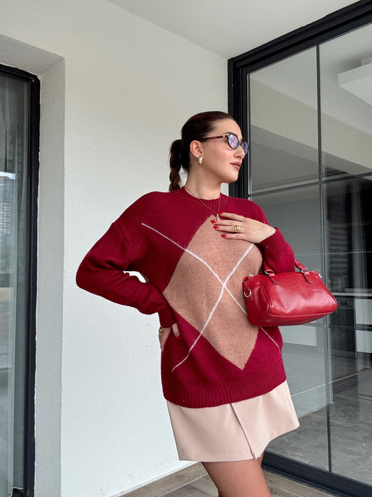 Klasik baklava desenli kazak BORDO