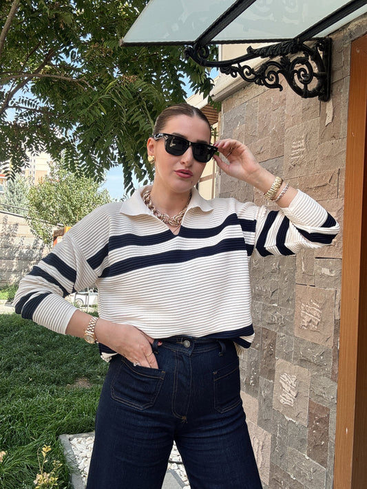 Polo Yaka Çizgili Kazak - LATTE