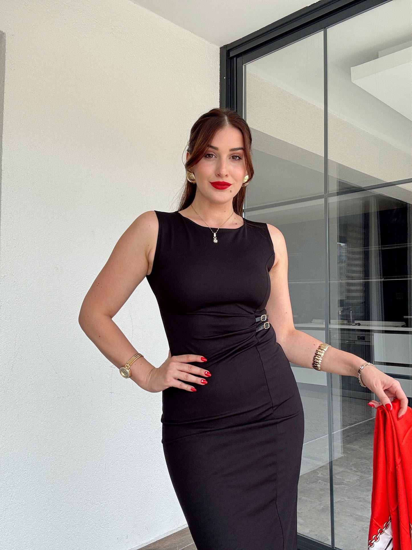 Drape detaylı midi elbise SİYAH