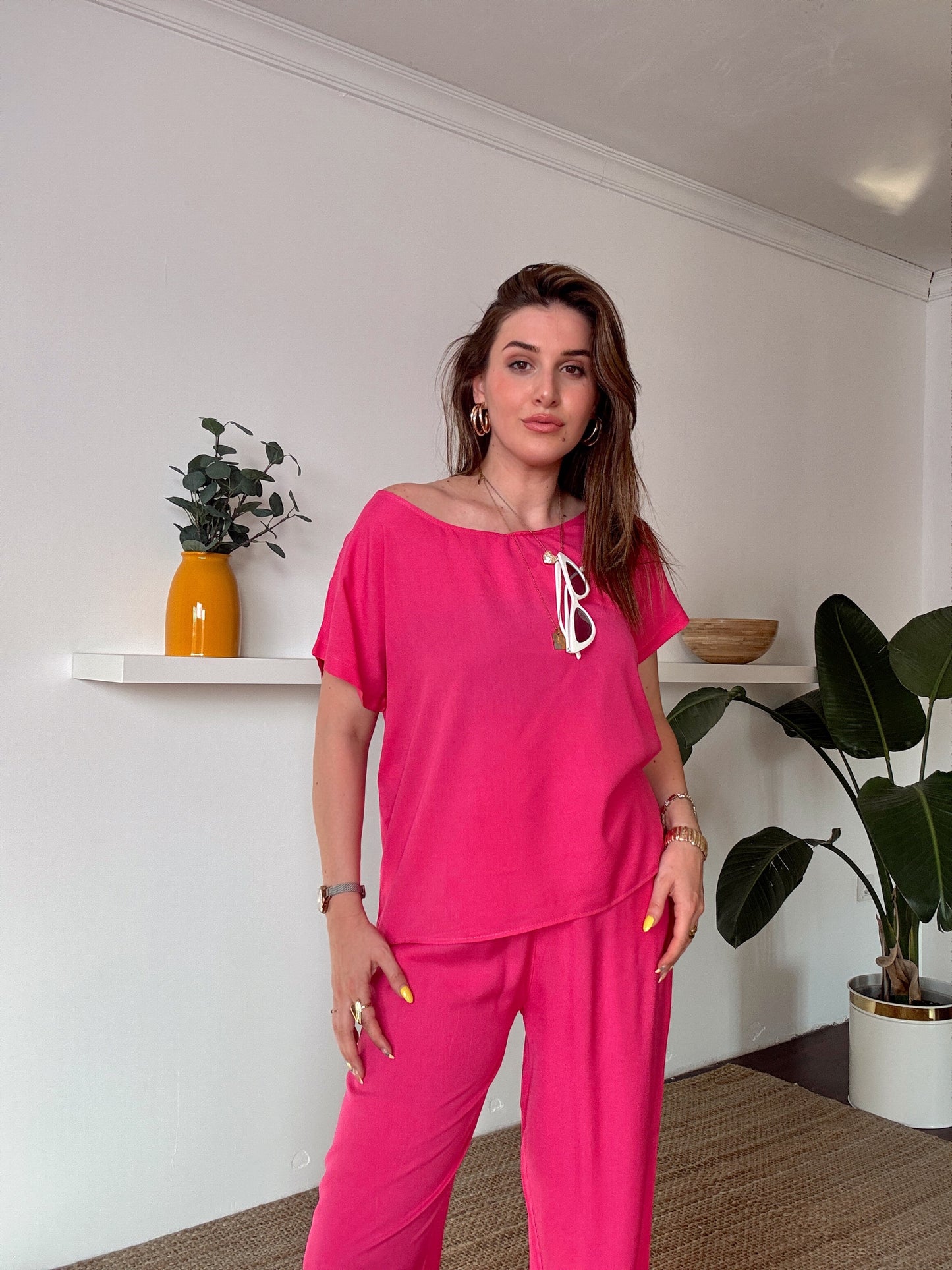 Düşük omuz detaylı tensel kumaş takım PEMBE