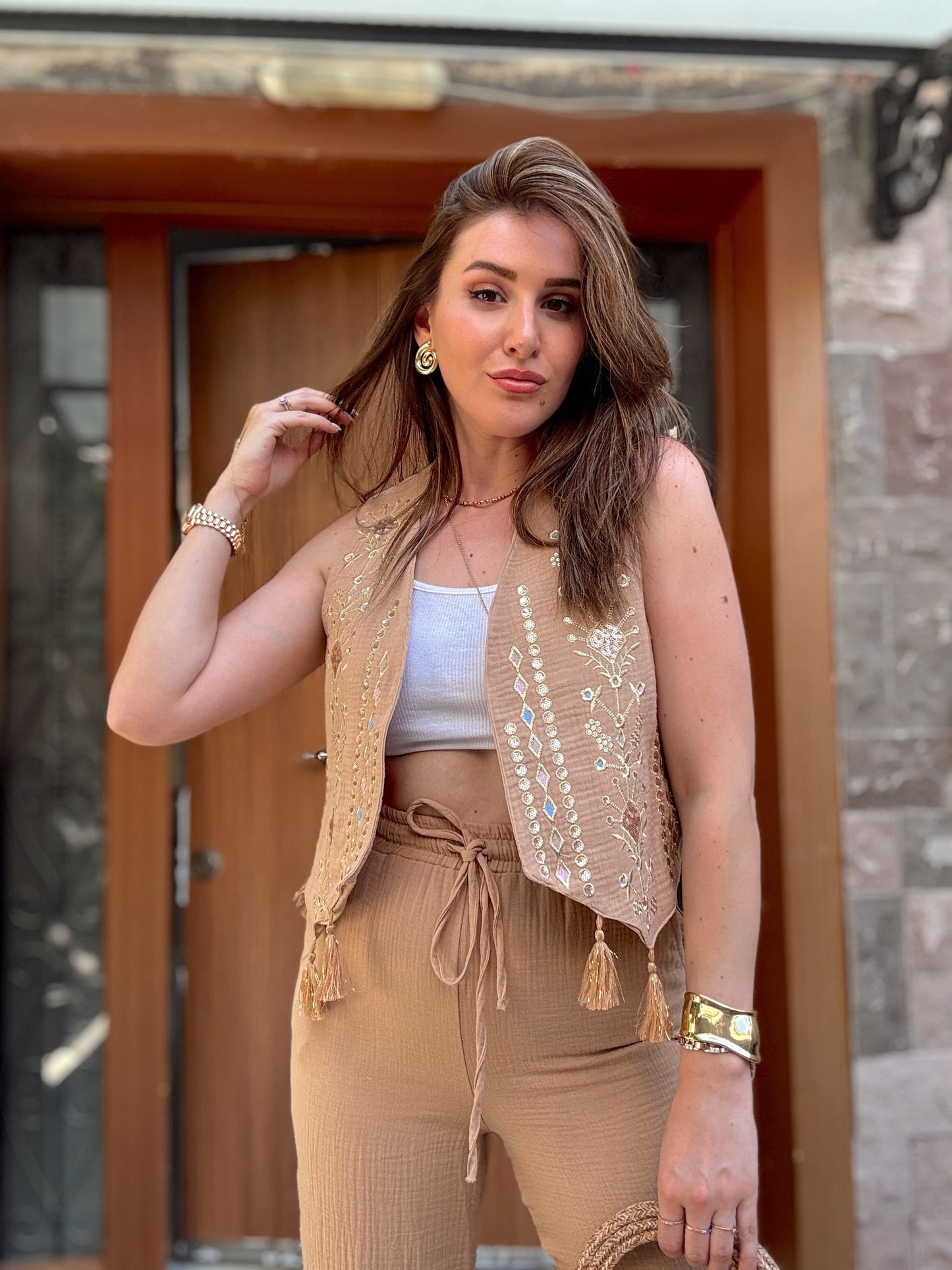 Bohem işlemeli yelek pantolon takım CAMEL