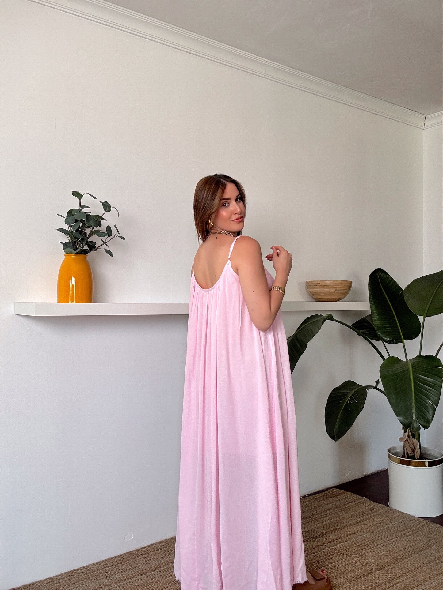 Viskon Vual İp Askılı Elbise Pembe