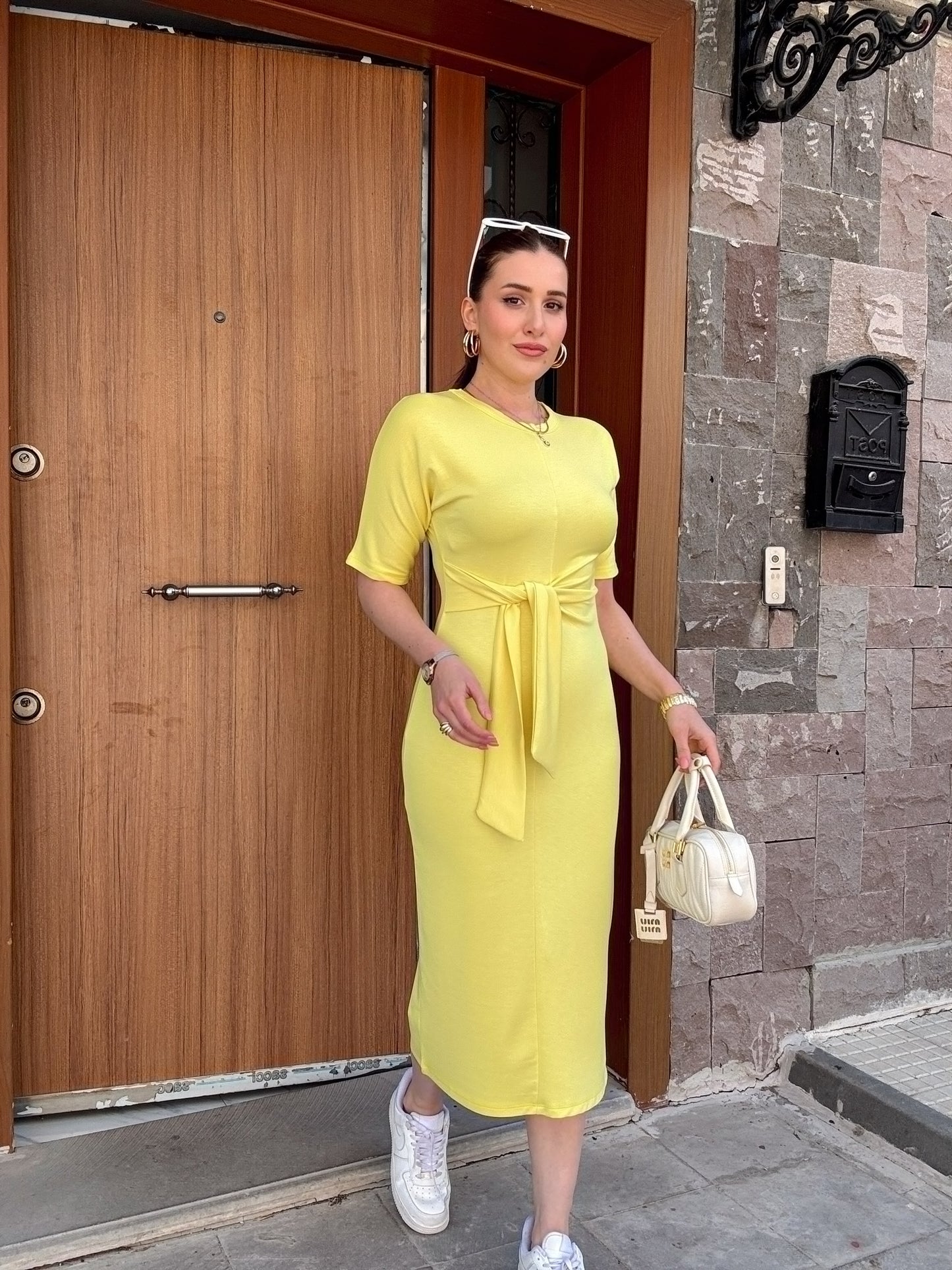 Bel bağlama detay modal kumaş elbise SARI