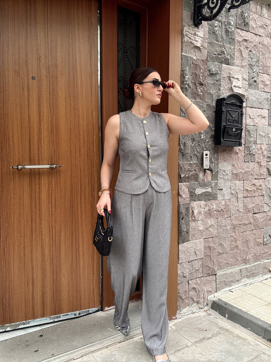 Tensel gold düğme yelekli takım GRİ