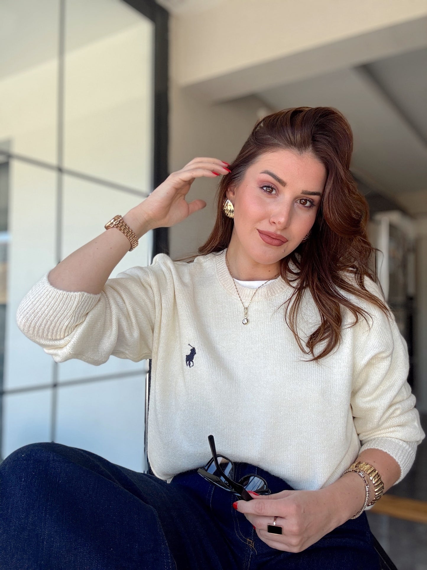 Nakışlı Oversize Triko Kazak Ekru
