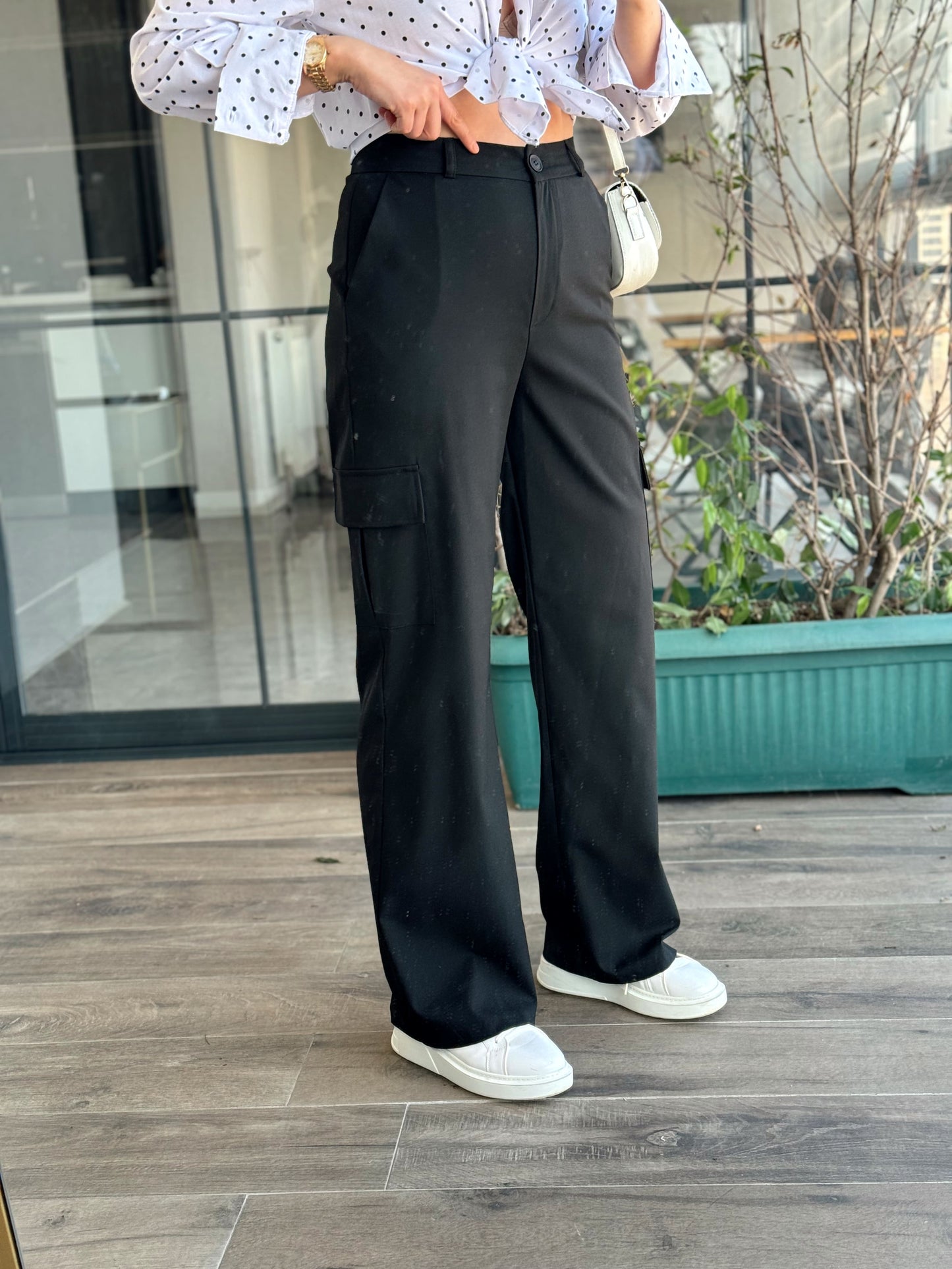 Kargo Cep Geniş Paça Pantolon-SİYAH