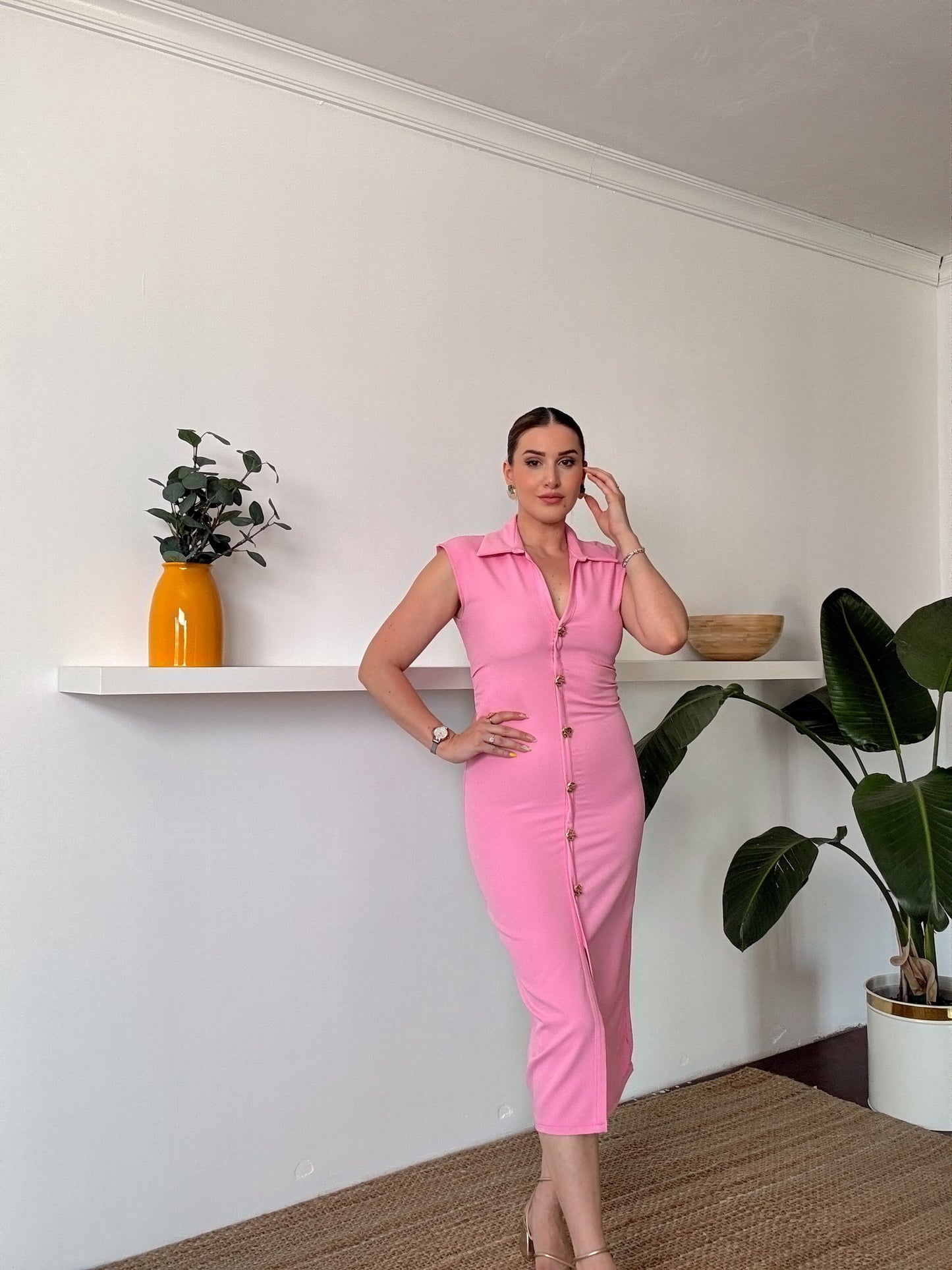 Ön Düğmeli Elbise Pembe