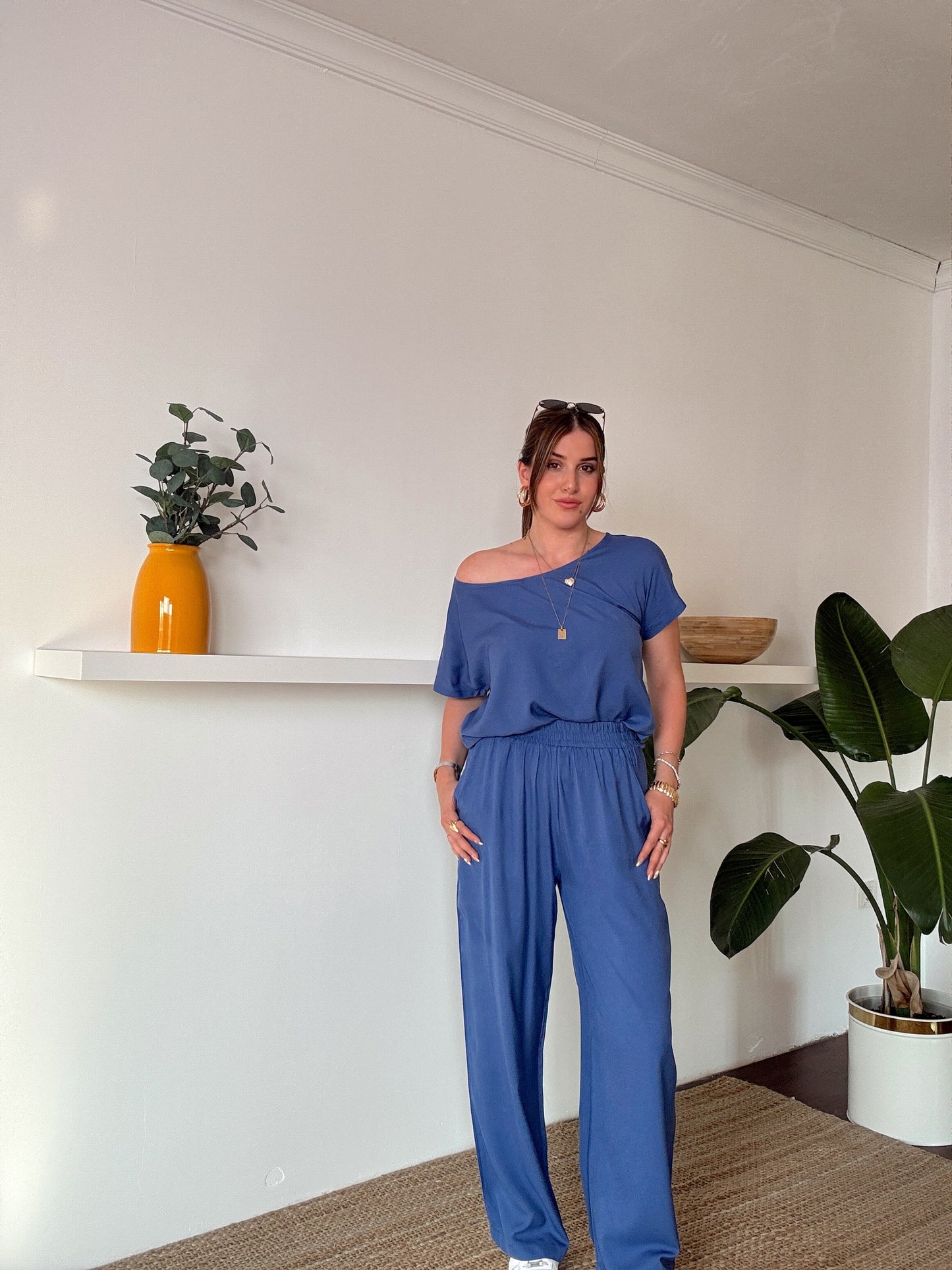 Düşük omuz detaylı tensel kumaş takım indigo