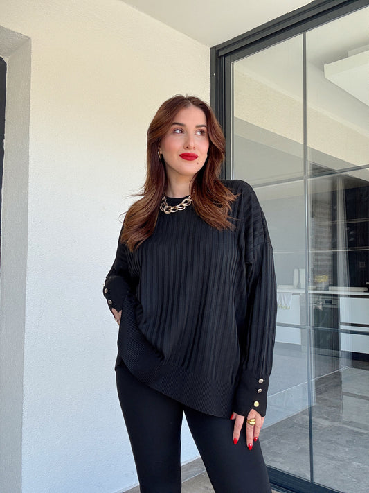 Oversize kesim kol düğmeli kazak SİYAH