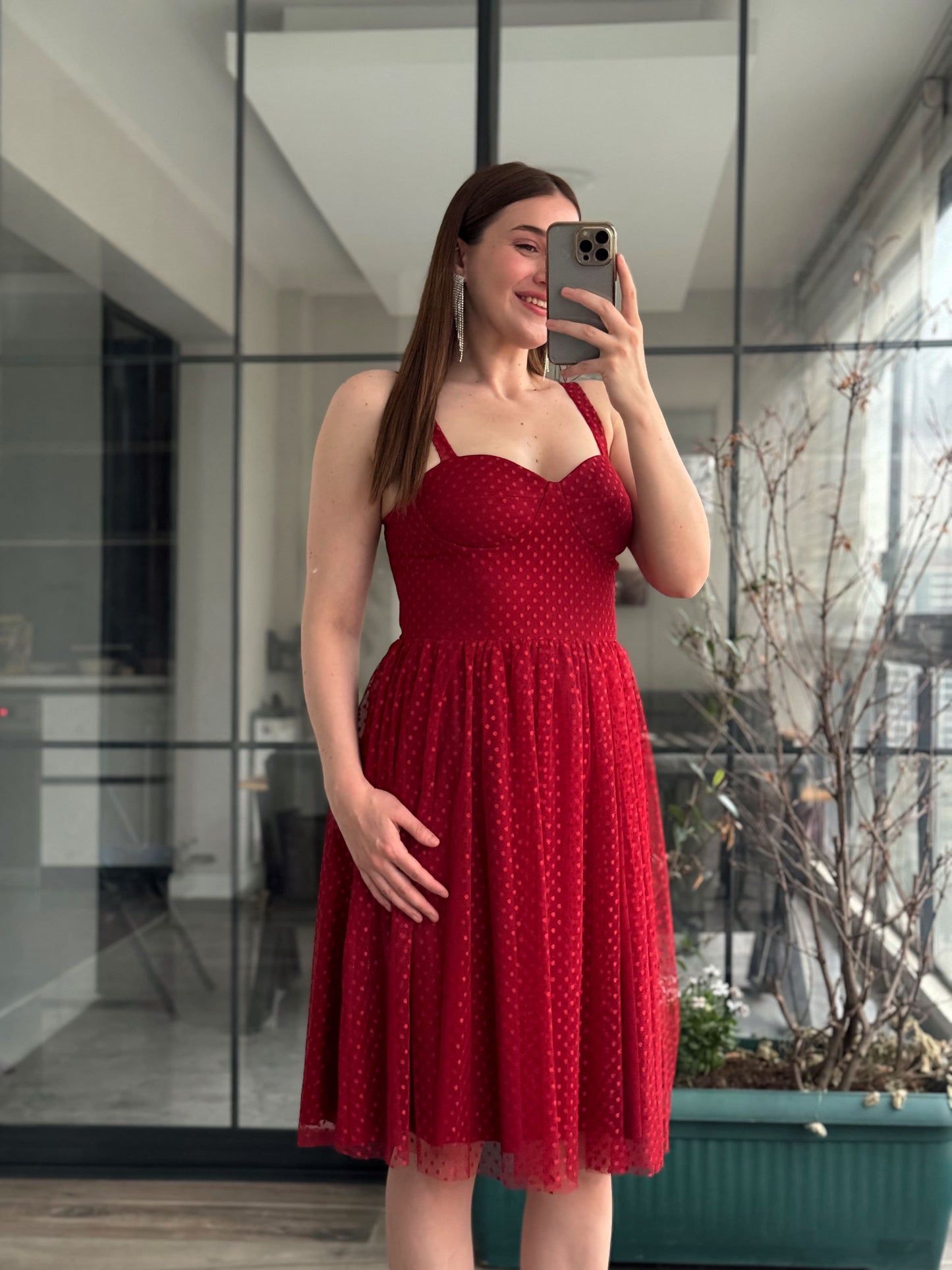 Puantiye Desenli Abiye - KIRMIZI