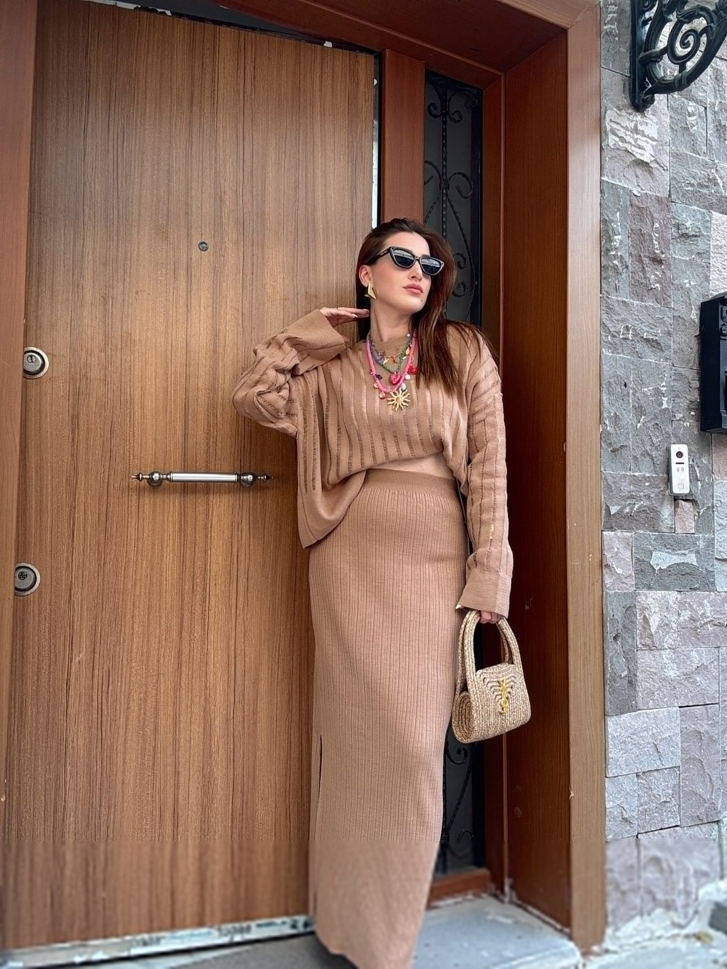 Ajur desenli mevsimlik ikili triko takım CAMEL