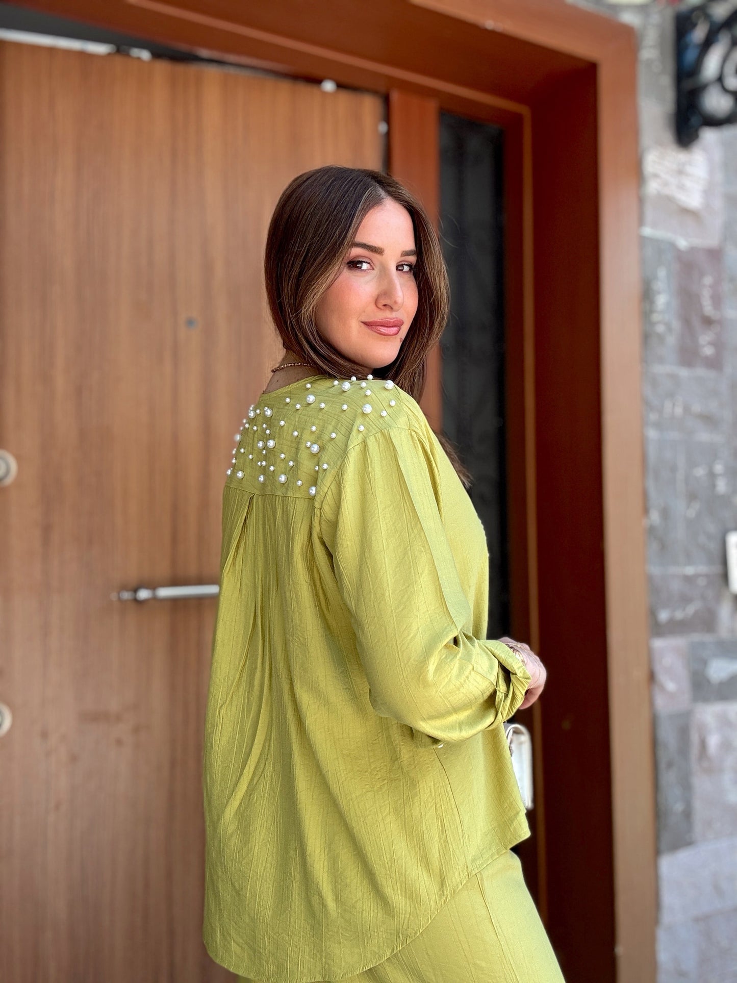 İNCİ ve güpür detaylı ikili takım YAĞ YEŞİLİ