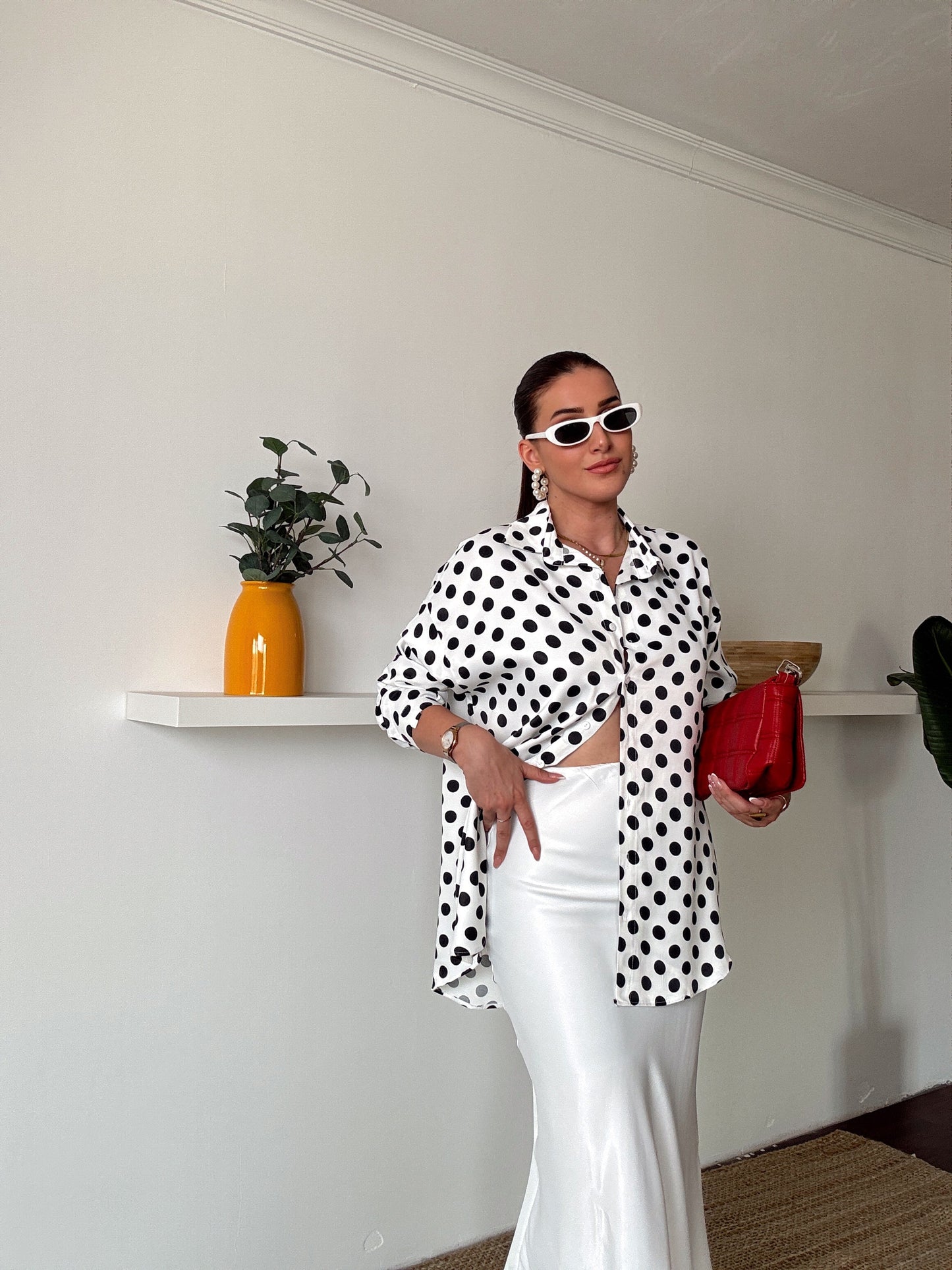 Puantiye Desenli Premium Saten Gömlek Beyaz