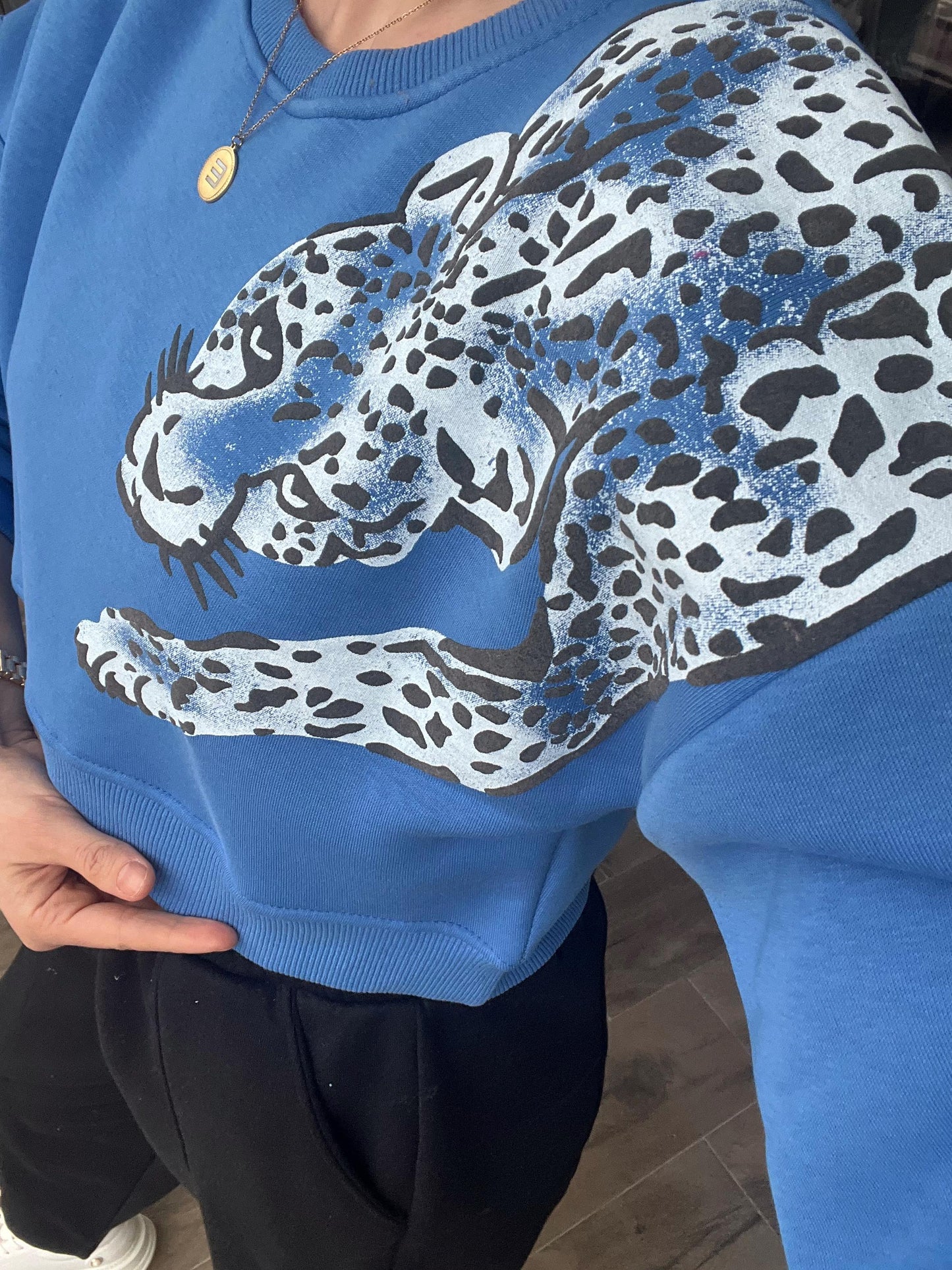 Leopar Baskı Crop Sweat KLS344 MAVİ