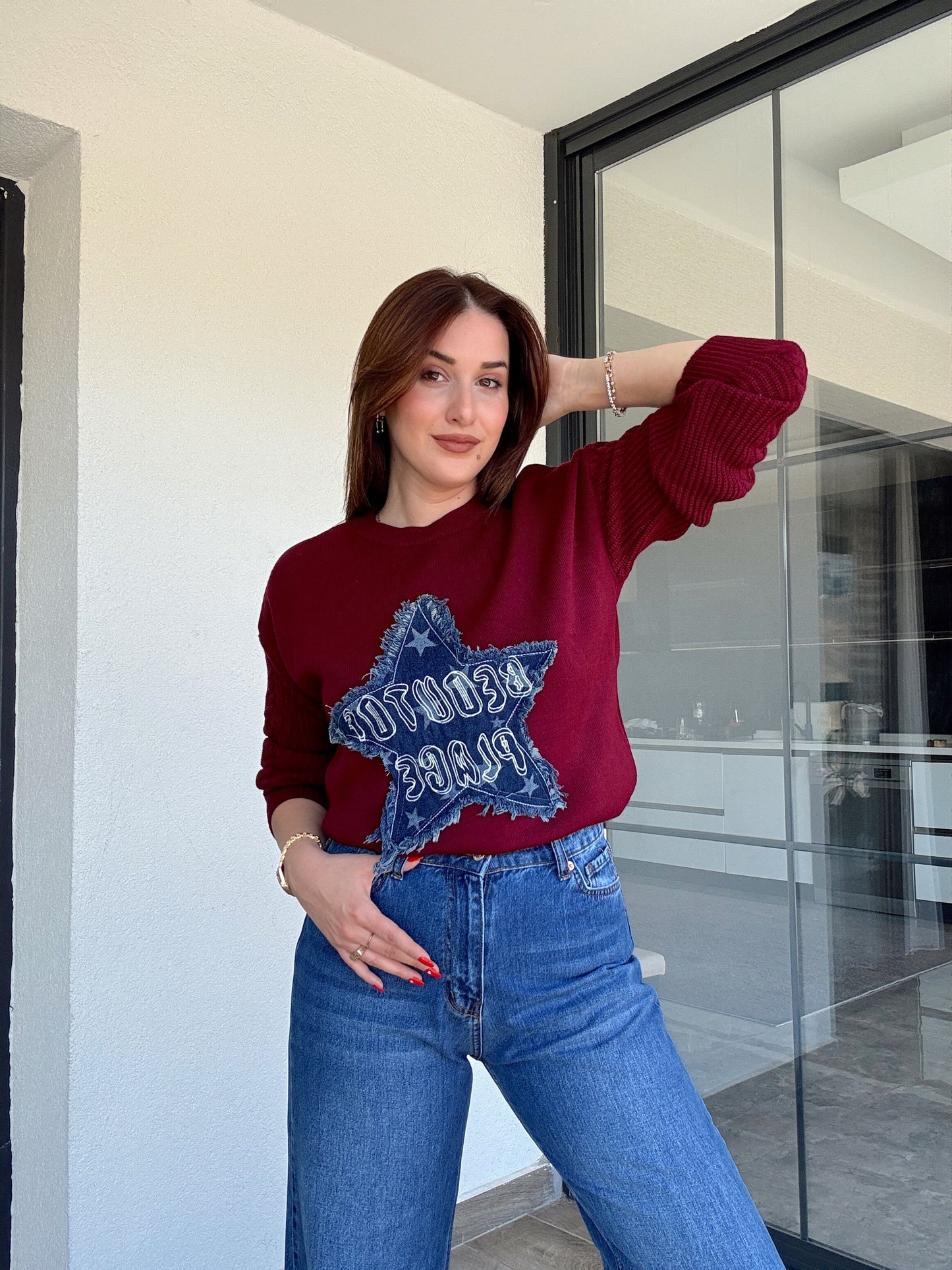 Twst model kot yıldızlı kazak BORDO