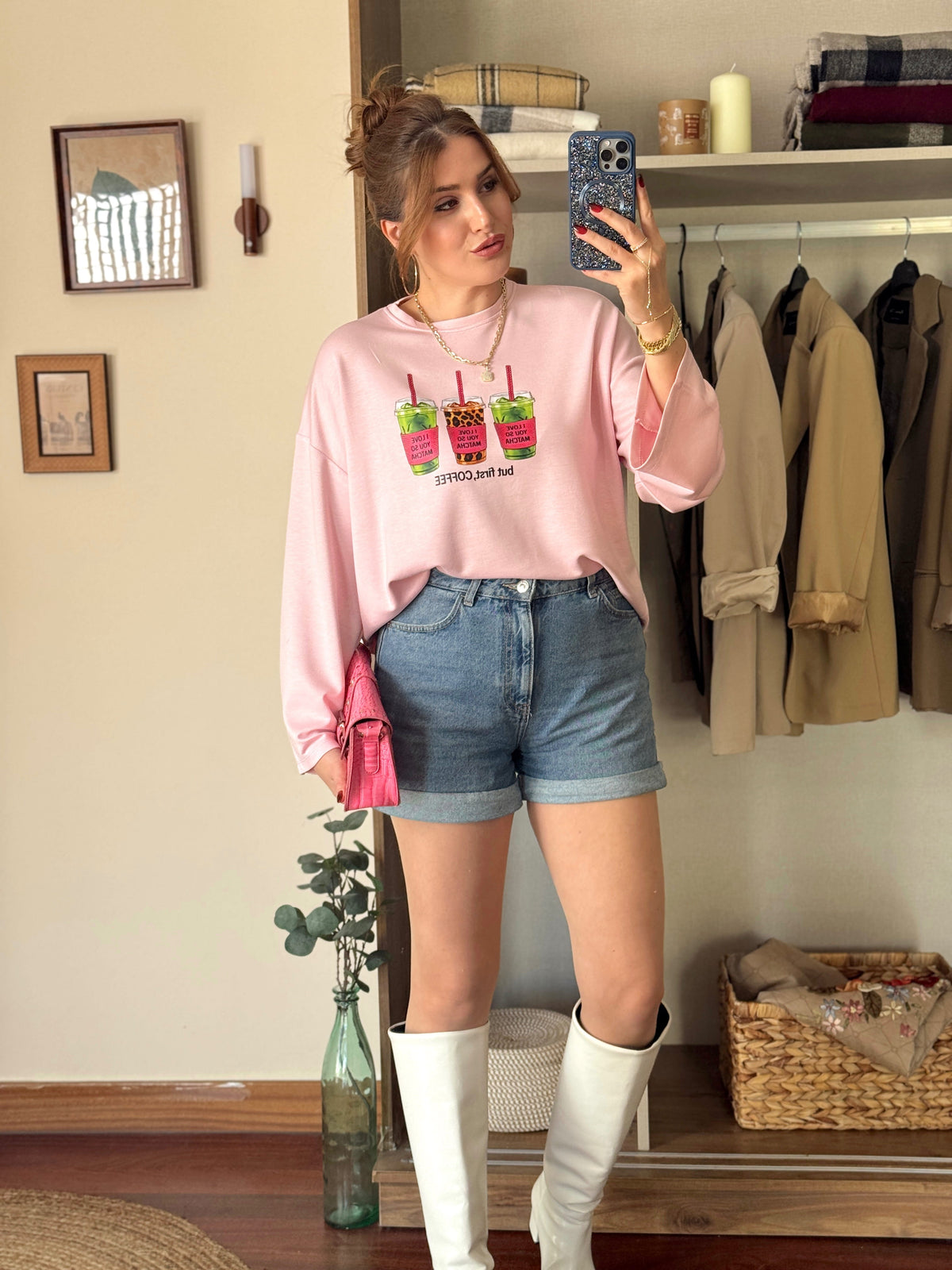 Leopar Coffe Modal sweat Pembe