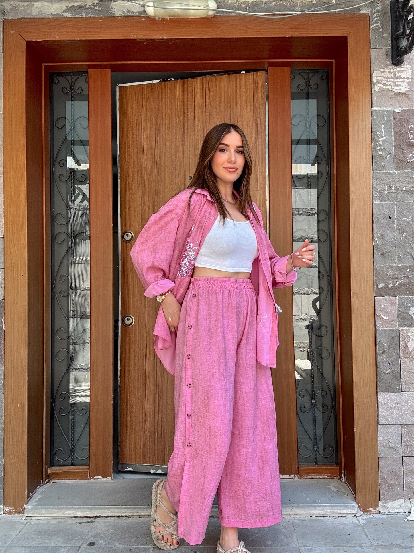 Yan düğme detaylı premium keten takım PEMBE