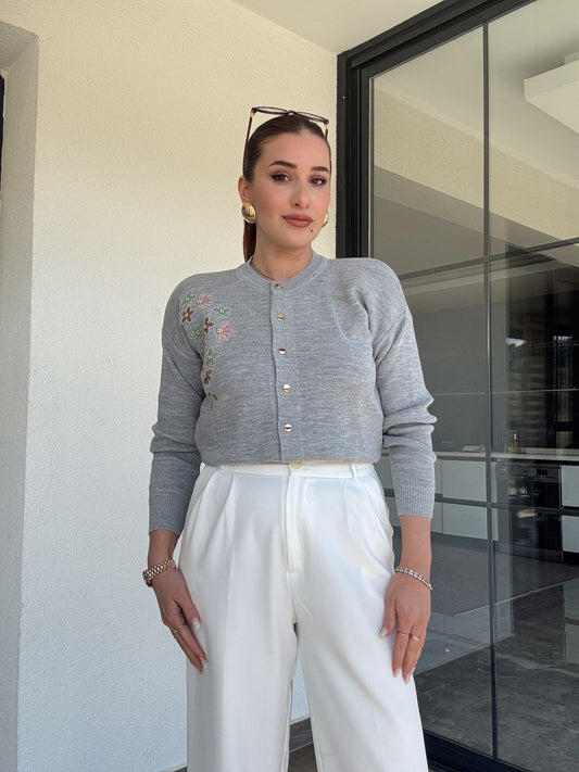 Papatya çiçekli hırka GRİ