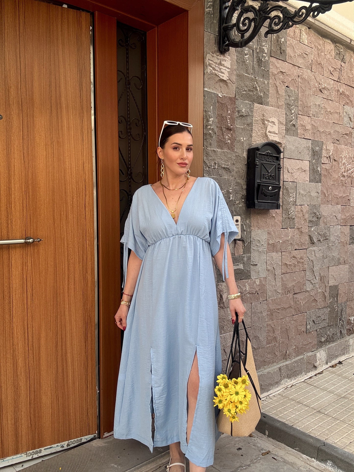Ön arka v yaka keten elbise BEBE MAVİ