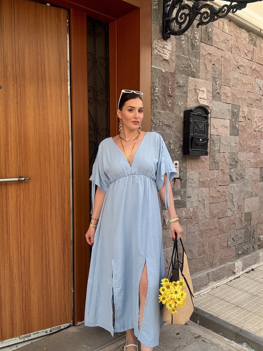 Ön arka v yaka keten elbise BEBE MAVİ